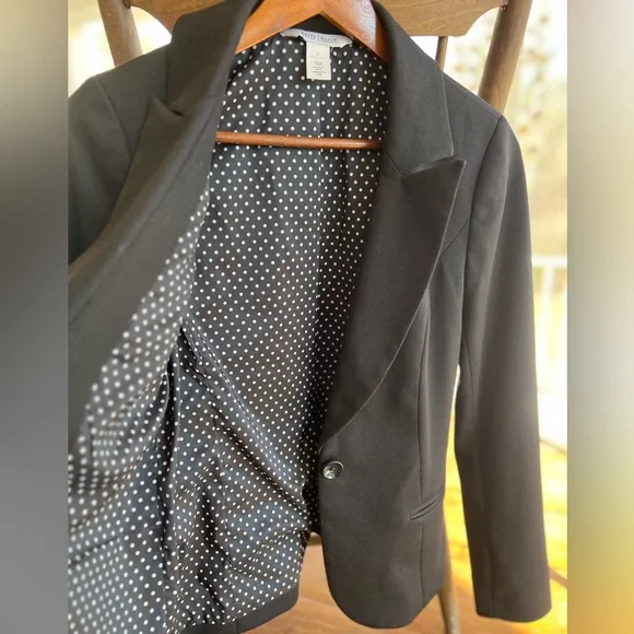 WHBM Black Blazer with Polka Dot Liner Machine Washable One Button Closure 2 - Picture 3 of 16